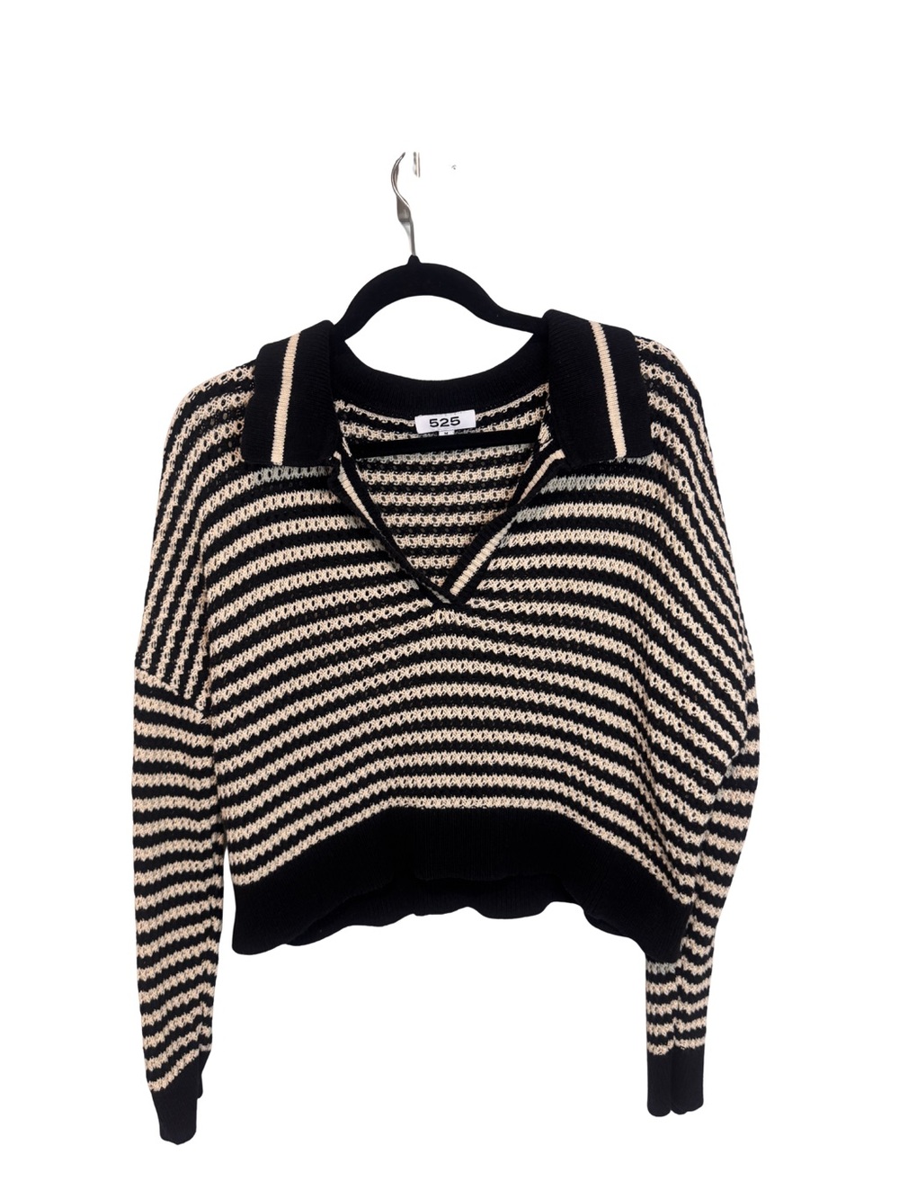 525 America Stripe Polo Sweater Cropped Black Cream | Preppy Coastal Grandma M